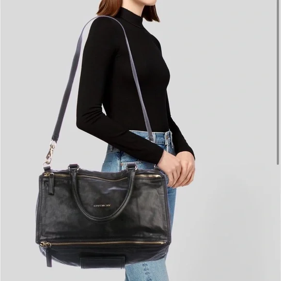 Givenchy Black Aged Leather Pandora Large Satchel Handbag Gold HW - Picture 9 of 16